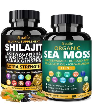 Bualle Organic Sea Moss for Women & Shilajit for Men,Ashwagandha Supplement with Black Seed Oil, Maca & Ginger, Supports Daily Wellness, Skin & Energy 120 Vegan Capsules Organic Herbal Complex 120 Count (Pack of 1) Sea Mo