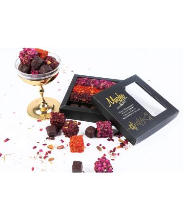Mughe Gourmet Luxury Turkish Delight Assorted 360g (13Oz) 25 pc.- 4 Varieties: Dark Chocolate Rose Saffron Zereshk with Pomegranate Flavor - Prestigious Lokum Gift Box - Perfect for Special Days - Buy Online on GoSupps.com