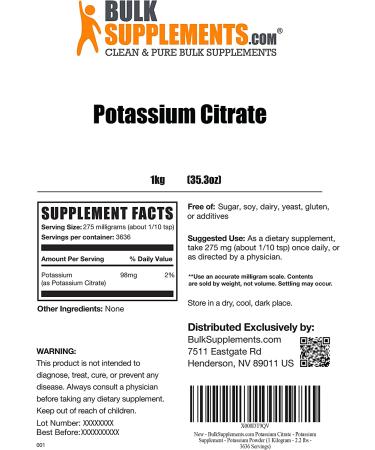 Potassium Citrate Powder - 1kg Electrolyte Supplement - BulkSupplements.com - Buy Online on GoSupps.com