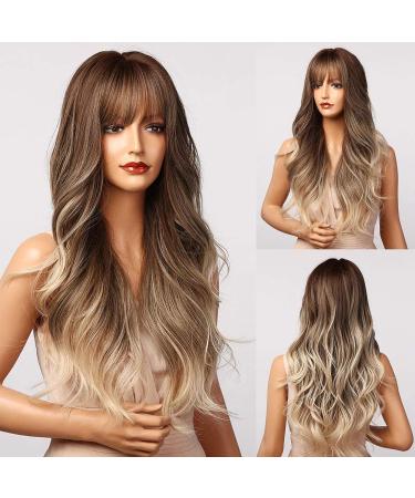 Honybia Ombre Brown Wig with Bangs | Light Brown Wigs for Women | Synthetic Heat-Resistant Wavy Hair for Cosplay & Parties - Buy Online on GoSupps.com