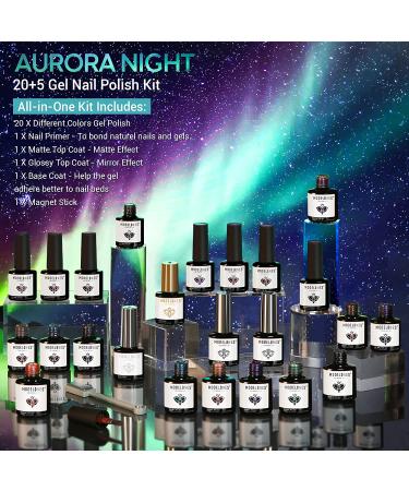 Modelones 25Pcs Cat Eye Gel Nail Polish Kit - Glitter Color Changing Set with Bond Primer, Top Coat, Base Coat, Magnet Stick - DIY Salon Nail Art Gift - Aurora Night - Buy Online on GoSupps.com
