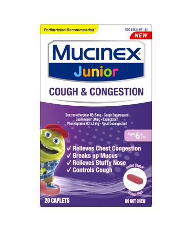 Nasal Decongestant Cough Suppressant & Expectorant Junior Cough & Congestion Caplets 20ct Ages 6+ years Thins & Loosens Mucus & Relieves Chest Congestion Cough & Stuffy Nose by Mucinex