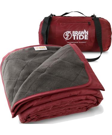 BRAWNTIDE Large Outdoor Waterproof Blanket - Quilted, Extra Thick Fleece, Warm, Windproof, Sandproof, Includes Stuff Sack, Shoulder Strap, Ideal for Beaches, Picnics, Camping, Stadiums, Dogs, Car Wine