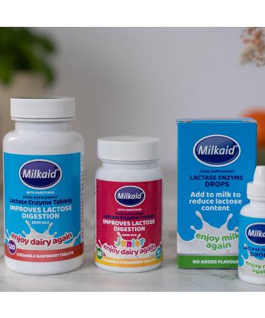 Milkaid Lactase Enzyme Drops & Tablets for Lactose Intolerance Relief | Prevent Gas, Bloating & Diarrhea | Dairy Digestive Supplement | 0.5 Fl Oz & 120 Raspberry Flavored Tablets - Buy Online on GoSupps.com