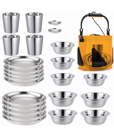 COTOM Stainless Steel Camping Plates Cups and Bowls set. Camping dish Set (24-Piece Set) 3.5inch to 8.6inch. Plates for Camping, Hiking, Beach,Outdoor Use Incl. Collapsible Water Bucket