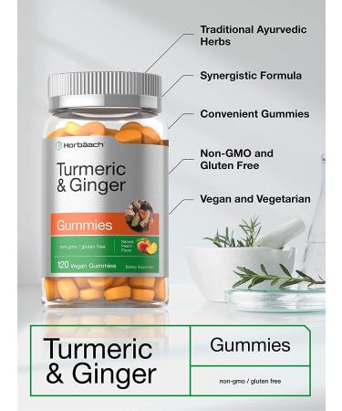 Horbaach Turmeric Ginger Gummies 120ct | Peach Flavor | Vegan Non-GMO Gluten-Free Supplement - Buy Online on GoSupps.com
