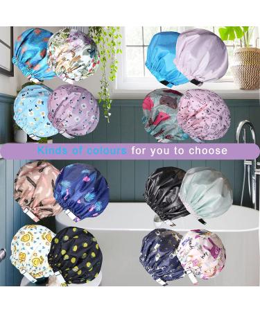 2Pcs Satin Lined Waterproof Shower Cap for Women - Extra Large Reusable Adjustable Double Layers - Blue Purple Flower Design - Buy Online on GoSupps.com