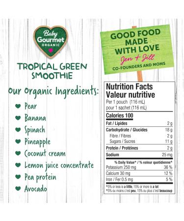 Baby Gourmet Organic Fruit & Veggie PLUS Puree Baby Food Pouches Tropical Green Smoothie - No Added Sugar Or Salt Non GMO No Fillers Gluten Free Peanut Free - (128ml) 12 Pouches - Buy Online on GoSupps.com