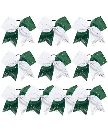 DEEKA 10 PCS Rhinestones Two Toned Large Cheer Hair Bows 7" Glitter Cheer Ponytail Holder Handmade for Teen Girls Softball Cheerleader Sports -Green/White 7 Inch Green/White(Pack of 10)