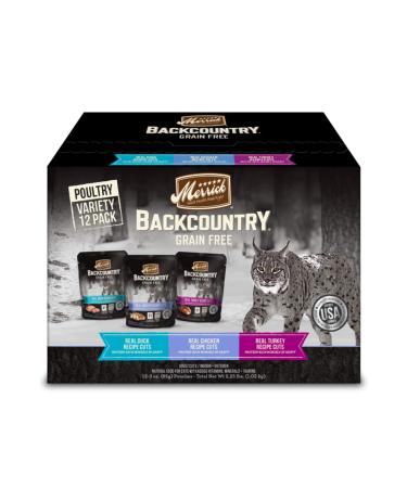Merrick Backcountry Grain Free Real Meat Wet Cat Food, 3 oz. Pouches Variety Pack 3 Ounce (Pack of 12)