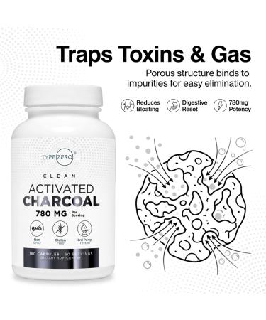 Type Zero Activated Charcoal Capsules (180 Count) - 60 Servings, 780mg Per Serving, from Coconut Shell, Non-GMO, Gluten-Free - Buy Online on GoSupps.com