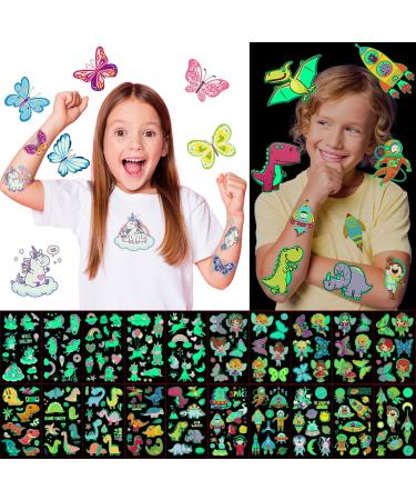 40 Sheets 500 Styles Luminous Temporary Tattoos for Kids  Mixed Styles Waterproof Glow In The Dark Stickers - Unicorn/Mermaid/Dinosaur/Animal for Boys and Girls Birthday Party Supplies