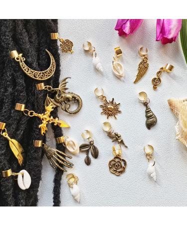 19 PCS Hair Jewelry for Braids Dreadlock Accessories Adjustable Hair Cuffs Bronze And Gold Color  Sun Moon Pterosaur Wing Shell Rose Leaf  Hair Pendants DIY Locs Hair Charms Hair Clips (Gold)