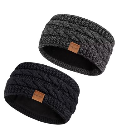 Hatromm Winter Headbands for Women Wool 2 Pack, Ear Warmers for Women Headband Knit Thick Fleece Lined, Cold Weather Warm Ear Muffs(Black+Dark Gray)