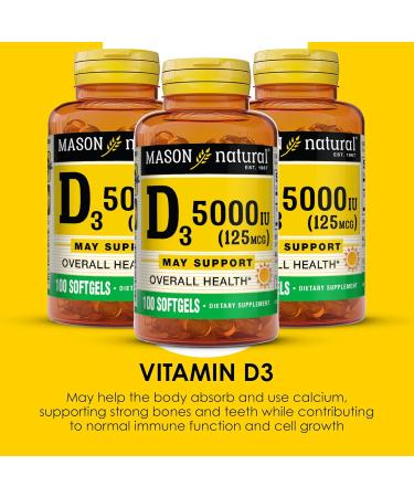 MASON NATURAL Vitamin D3 125 mcg (5000 IU) - Supports Overall Health Strengthens Bones and Muscles from Fish Liver Oil 50 Softgels (Pack of 3) D5000 50 Count (Pack of 3) - Buy Online on GoSupps.com