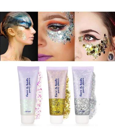 3 Pieces Body Glitter Set - Festival Glitter Gel & Accessories for Face Hair Lips and Eyes | Shimmering Sequin Liquid Eyeshadow - Buy Online on GoSupps.com