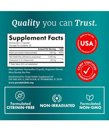 Red Yeast Rice 1200mg with CoQ10 & Niacin | 120 Vegetarian Capsules | Non-Irradiated | Citrinin Free | Supports Healthy Cholesterol & Cardiovascular Health - Buy Online on GoSupps.com