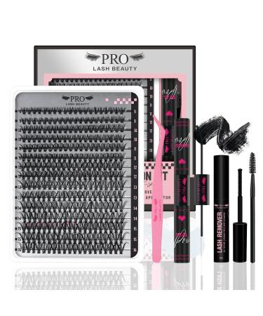 PRO DIY Lash Extension Kit 300 Pcs Lash Clusters D Curl Mix Eyelash Clusters Individual Lashes Kit Lash Bond And Seal Lash Remover Eyelash Brush Lash Tweezer Self Apply At Home(30D-9-16mix Kit) 9-16 mix 30D-D Kit