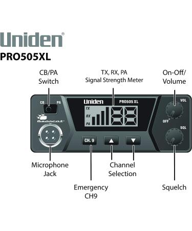 Uniden PRO505XL 40-Channel CB Radio - Compact Design, PA Function, Emergency Channel 9, External Speaker Jack, Large Display - Black - Buy Online on GoSupps.com