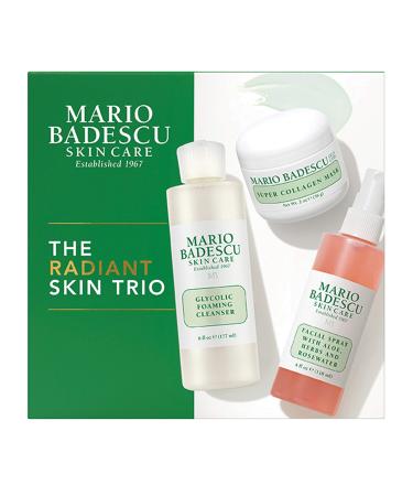 Mario Badescu Radiant Skin Trio Kit Skincare Gift Set Includes Facial Spray With Aloe Herbs and Rosewater(4 Fl Oz) Glycolic Foaming Cleanser(6 Fl Oz) and Super Collagen Mask(2 Oz)