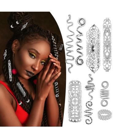 58 Pieces Hair Braids Dread Locs Jewelry Long Snake Swirl Filigree Dreadlocks Accessories Pirate Beard Tube Beads Cuff Rings Hair Decoration Silver