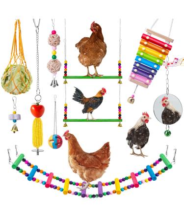 EBaokuup 10PCS Chicken Toys for Hens, Chicken Xylophone Toy, Chicken Bridge Swing Toys, Chicken Pecking Toys, Chicken Mirror Toys and Vegetable Hanging Feeder for Chicken Hens
