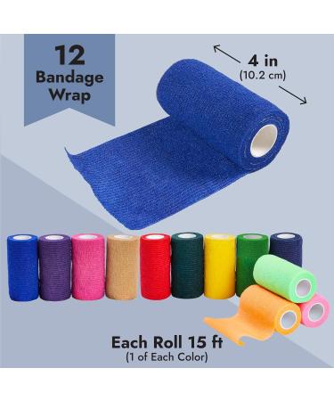 12-Pack Colorful Self Adhesive Stretch Bandage Wrap 4 Inches x 5 Yards - Cohesive Vet Tape for First Aid, Sports, Athletes, Animals, Pets - 12 Bright Colors - Buy Online on GoSupps.com