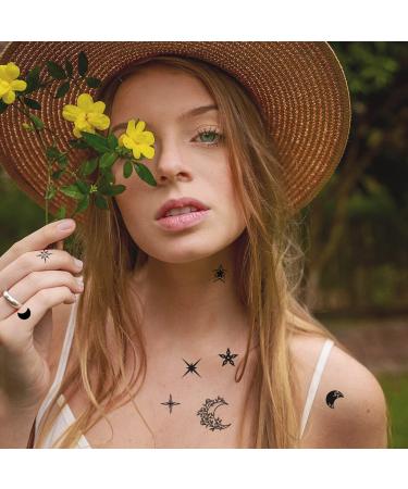 Sun Moon Star Temporary Tattoos - 7 Sheets, 100+ Minimalist Cute Black Designs, Fake Tattoo Stickers for Kids & Women - Buy Online on GoSupps.com