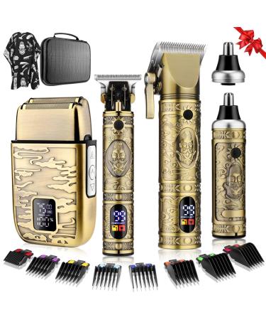 Misuke Cordless Men's Hair Clippers T-Blade Trimmer Nose Hair Trimmer Electric Shaver Set Professional Metal Body Men's Shaver Haircut Grooming Kit with LCD Display for Gifts (Bronze) Bronze 740
