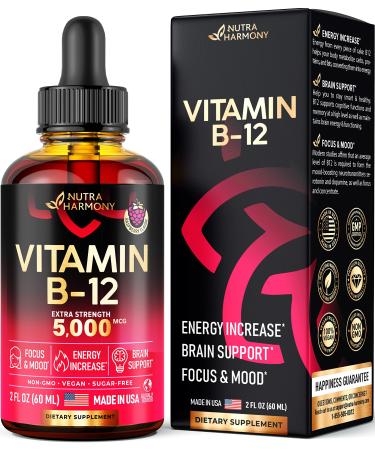 NUTRAHARMONY Vitamin B12 Liquid - Sublingual Vegan Methylcobalamin Drops - Extra Strength 5000 mcg 2 oz - Made in USA - for Energy, Focus & Mood, Brain Health - 98% Quicker Absorption B 12 VIT Vit B12 Drops