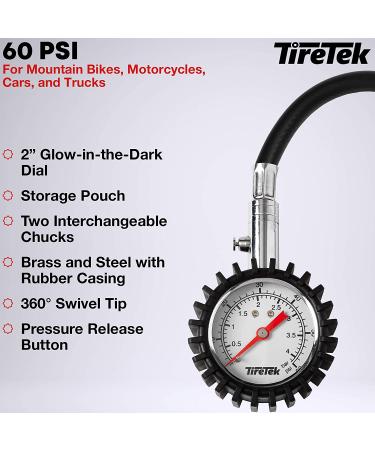 TireTek Mountain Bike Presta Tire Pressure Gauge - 60 PSI with Glow Dial, Interchangeable Valve, Storage Pouch - Buy Online on GoSupps.com