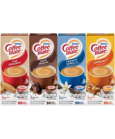 Coffee Mate Liquid .375oz 4 Flavor Variety 200 Count including Original Cafe Mocha French Vanilla & Hazelnut