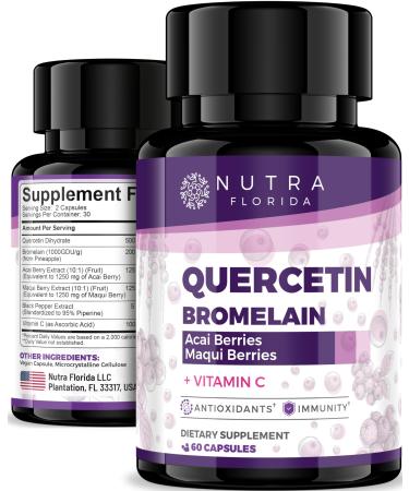 Quercetin 500mg with Bromelain Supplements | Powerful Antioxidant Complex with Acai Berry Maqui Berry & Vitamin C | Natural Bioflavonoid for Immune Defense | Vegan Gluten Free Non-GMO | 60 Capsules