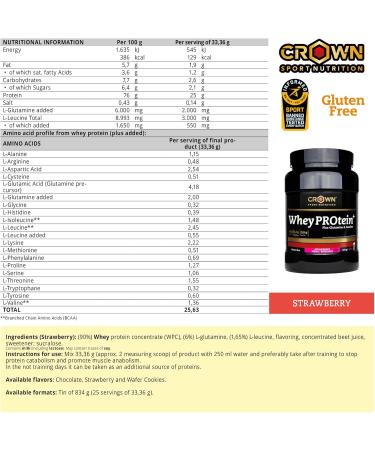  Crown Sport Nutrition Crown Sport Nutrition Whey PROtein+ Whey protein concentrate with the amino acids Leucine and Glutamine with Informed Sport anti-doping certificate (834g tub strawberry flavor) - Buy Online on GoSupps.com