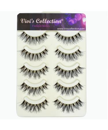 Vivis Handmade Natural False Eyelashes Eye Lashes Corner Wispy Cross Long Black Fake Soft Band 5 Pairs Wispies