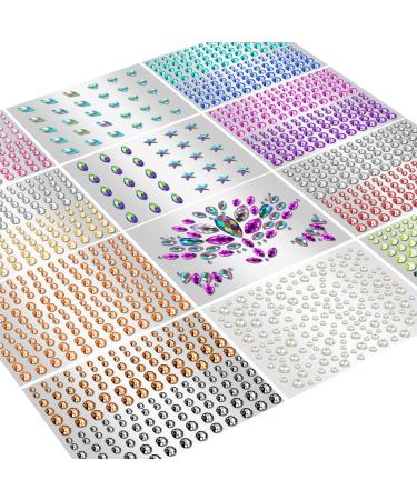 Creatrill Face Jewels Stick On Assorted 12 Sheets Gems Rhinestones for Makeup Stickers Flatback Pearls and Rhinestones for Crafts Mixed Color