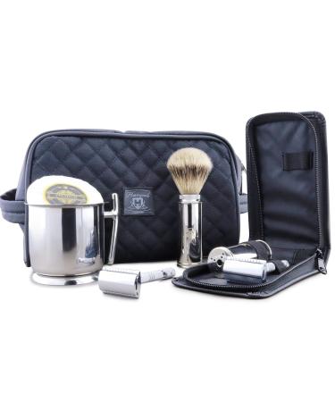 Travel razor set with leather culture bag and bag travel protection double-sided razor planer silver tip razor brush made of roof hair soap and stainless steel bowl