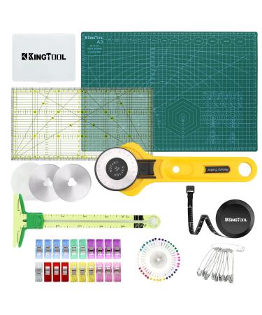 KingTool Rotary Cutter Set- 45mm Cutter Kit with A3 Cutting Mat, 3 Replacement Blades, Quilting Rulers, Sewing Clips, Sewing Pins - Perfect for Crafting, Fabric, Quilting, Sewing 77Pcs