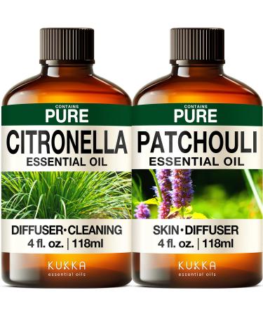 Citronella Essential Oil for Diffuse & Patchouli Essential Oil for Diffuser Set - Aromatherapy Grade Essential Oils Set - 2X 4 Fl Oz - Kukka