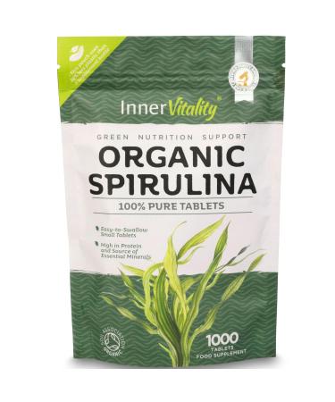 Organic Spirulina Tablets 1000 Easy to Swallow Tablets - 100% Pure Certified Organic Tablets Rich in Essential Vitamins & Minerals by Inner Vitality