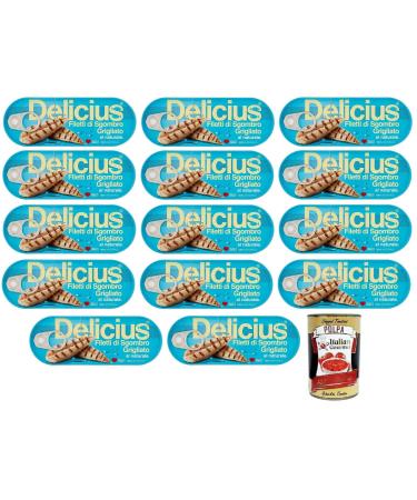 Delicious Delicius Filetti di Sgombro Grigliati al Naturale natural grilled mackerel fillets rich in Omega 3 highquality blue fish 110 g can + Italian gourmet Polpa di Pomodoro 400 g can