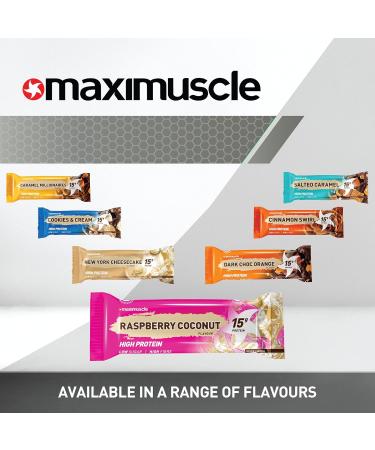 Maximuscle Protein Bars | High Fibre Low Sugar Healthy Snacks with 15g of Protein & Under 175 Calories per Serving | Raspberry Coconut 12 x 45g - Buy Online on GoSupps.com