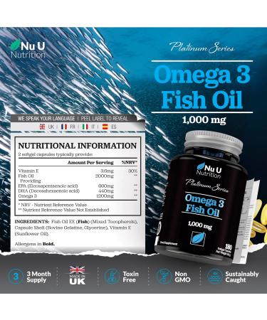 Omega 3 Fish Oil 1000mg - 180 Softgel Capsules - 3 Month Supply | Double Strength EPA 660mg & DHA 440mg with Vitamin E - Buy Online on GoSupps.com
