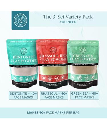Bentonite Clay Powder Set | Indian Healing Moroccan Rhassoul & French Green Clay | 3 x 8oz for DIY Hair Face & Body Masks - Bare Essentials Living - Buy Online on GoSupps.com