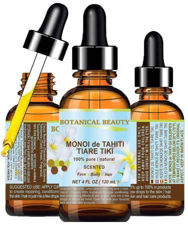 Botanical Beauty MONOI de TAHITI OIL TIARE TIKI 100% Pure Natural Undiluted Virgin 4 Fl. Oz.- 120 ml for FACE SKIN BODY HAIR NAILS