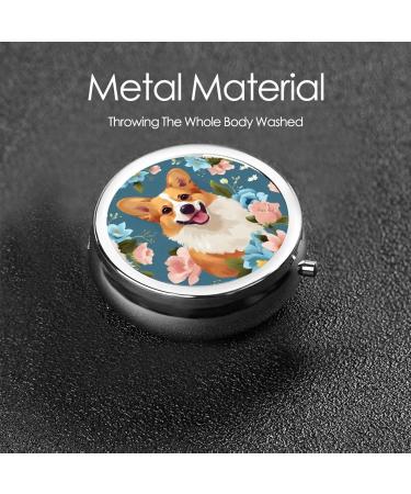 Cute Corgi with Flowers Portable Pill Box | Round Mini 3-Compartment Case for Travel | Ideal for Small Pills - Buy Online on GoSupps.com