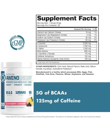 NutraOne Amino Energy BCAA Powder - Pre-Workout Supplement with Caffeine - Blackberry Lemonade - 30 Servings - Fuel & Recover Efficiently - Buy Online on GoSupps.com