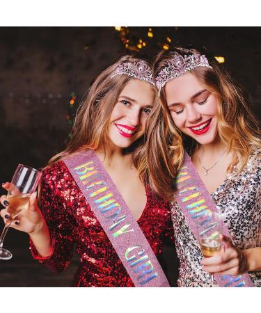 Pedenty Birthday Crown Tiara & Sash Set for Girls & Women - Pink Rhinestone Metal Crown & Glitter Sash - Birthday Girl Gifts & Accessories - Buy Online on GoSupps.com