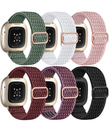 Ouwegaga 6 Pack Elastic Band Compatible with Fitbit Versa 3 Bands/Fitbit Sense Bands Women Men, Adjustable Stretchy Nylon Solo Loop Sport Strap for Fitbit Versa 3 and Sense Smartwatch Black/White/Rose Pink/Smokey Mauve/Win…