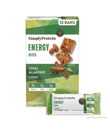 Simply Protein - Chai Almond Energy Bites 12 Bars - Plant Based Caffeinated Squares - 55mg Caffeine - Natural Energy Boost - 8g Protein 2g Sugar 5g Fiber 130 Calories - Vegan Gluten Free Non GMO Chai Almond 12 Count (Pack of 1)